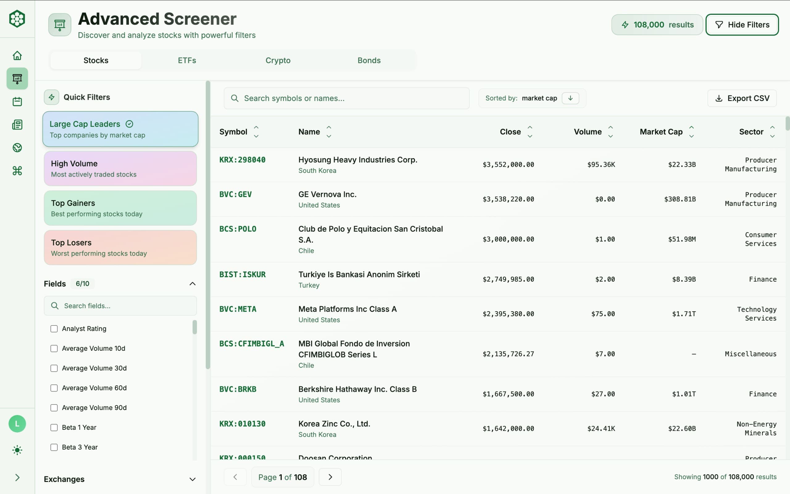 Advanced stock screener with filters and results table